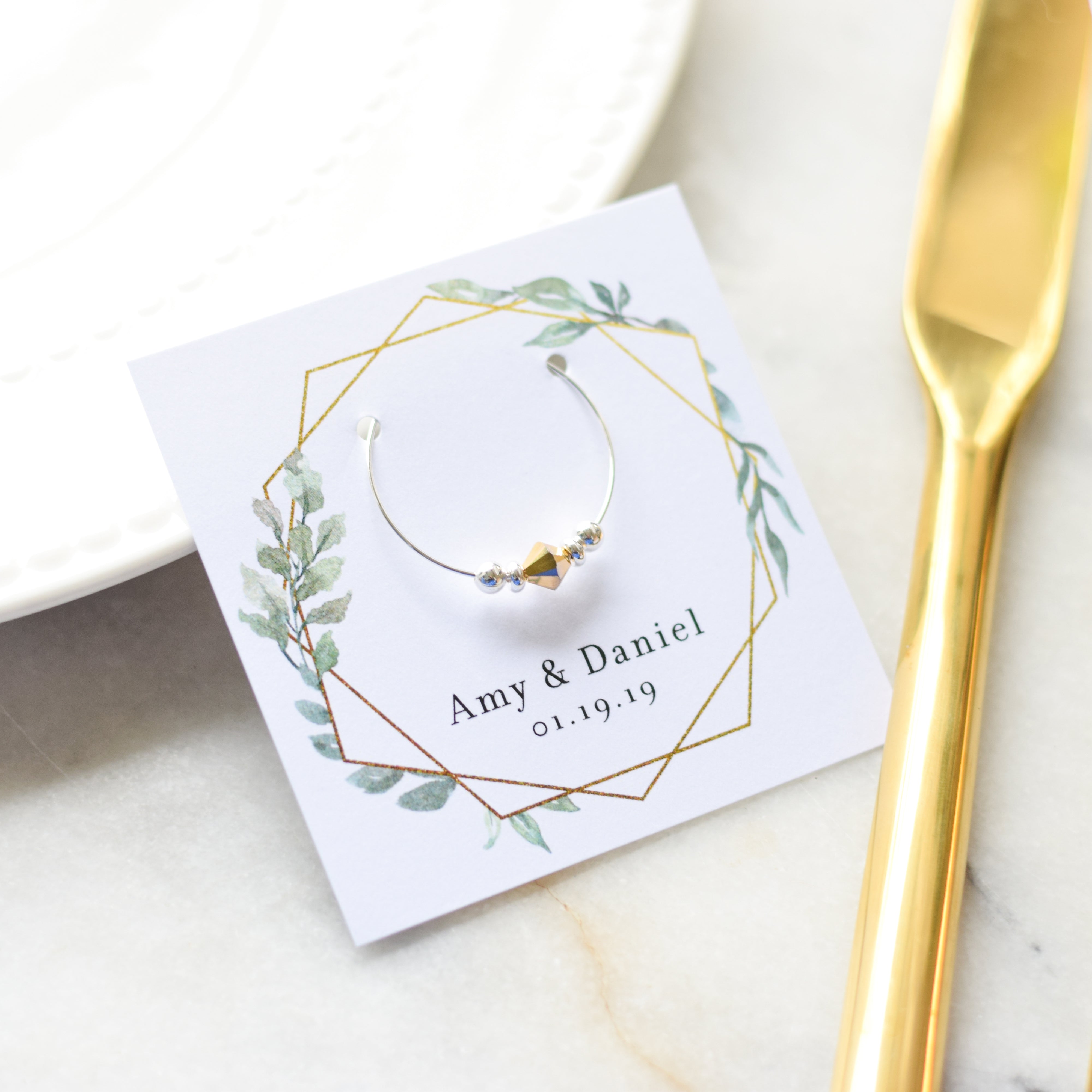 Gold Greenery Hexagon Wedding Favors - Bridal Shower - Bachelorette - Stemware Charms - @PlumPolkaDot 