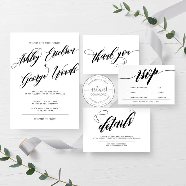 Black Minimalist Wedding Bundle, Full Set, Black Invitation Set, Editable Wedding Templates, Instant buy Download, Templett, SOPHIE