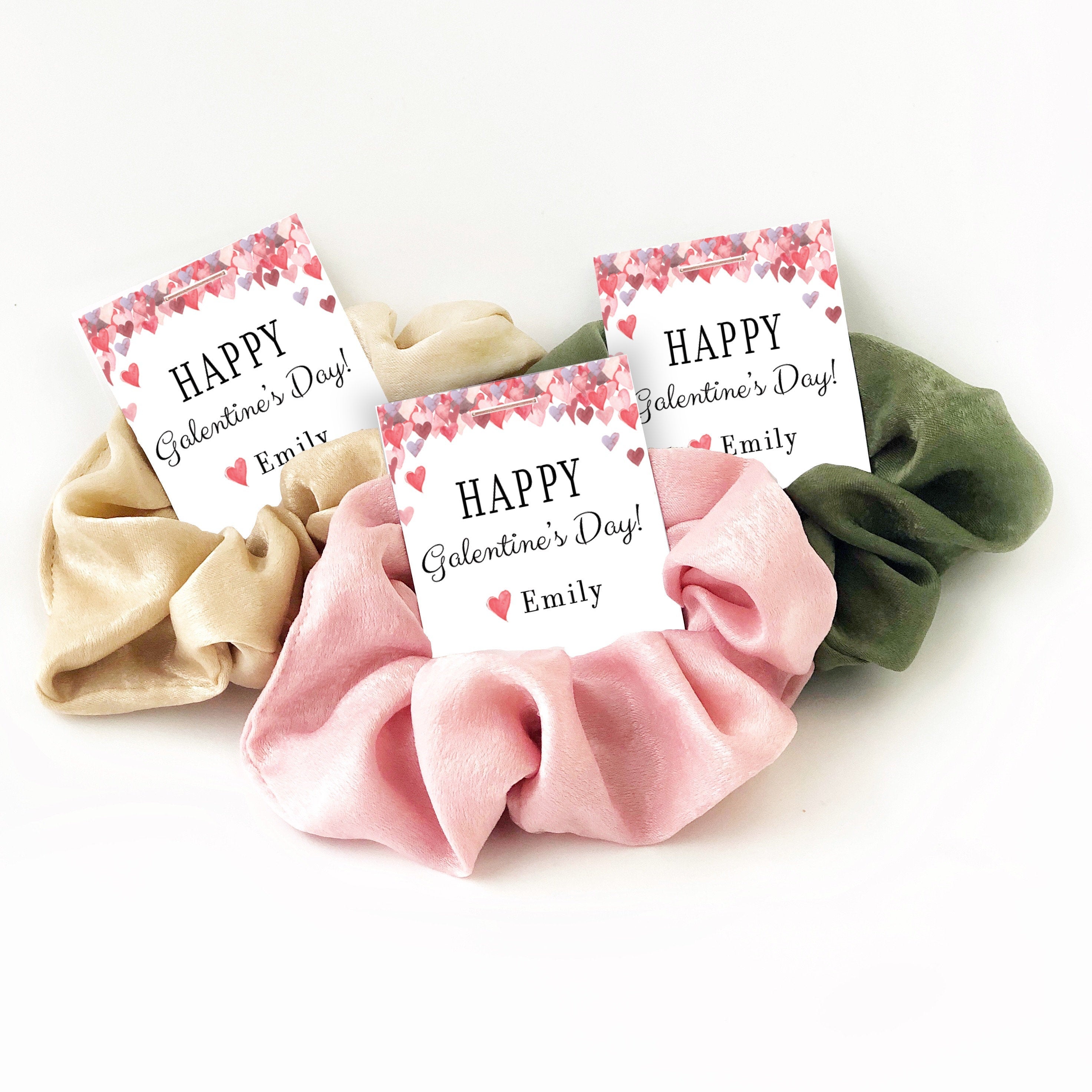 Friend Galentine Gift Hair Scrunchies, Personalized Galentine Gifts, Galentine's Party Favors, Scrunchy Hair Tie Favor - @PlumPolkaDot 