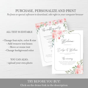 Pink Floral Wedding Ceremony Program Template, Blush Wedding Programs, 5x7 Editable DIGITAL DOWNLOAD - FR100 - @PlumPolkaDot 