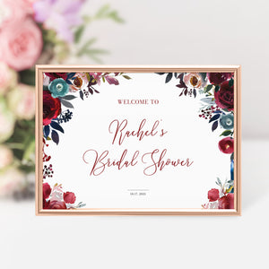 Bridal Shower Welcome Sign Template, Large Welcome Sign Printable, Burgundy Navy Floral Bridal Shower Decorations, DIGITAL DOWNLOAD BB100