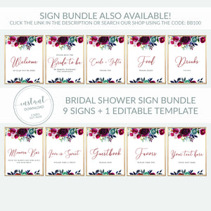 Bridal Shower Welcome Sign Template, Large Welcome Sign Printable, Burgundy Navy Floral Bridal Shower Decorations, DIGITAL DOWNLOAD BB100