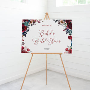 Bridal Shower Welcome Sign Template, Large Welcome Sign Printable, Burgundy Navy Floral Bridal Shower Decorations, DIGITAL DOWNLOAD BB100