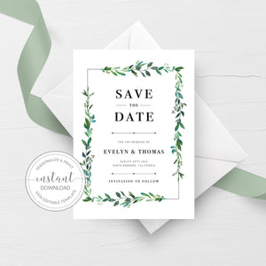 Greenery Save The Date Card Template, Printable Save The Date Greenery, Editable Save The Date Template, DIY Wedding Stationary, 5x7 G100