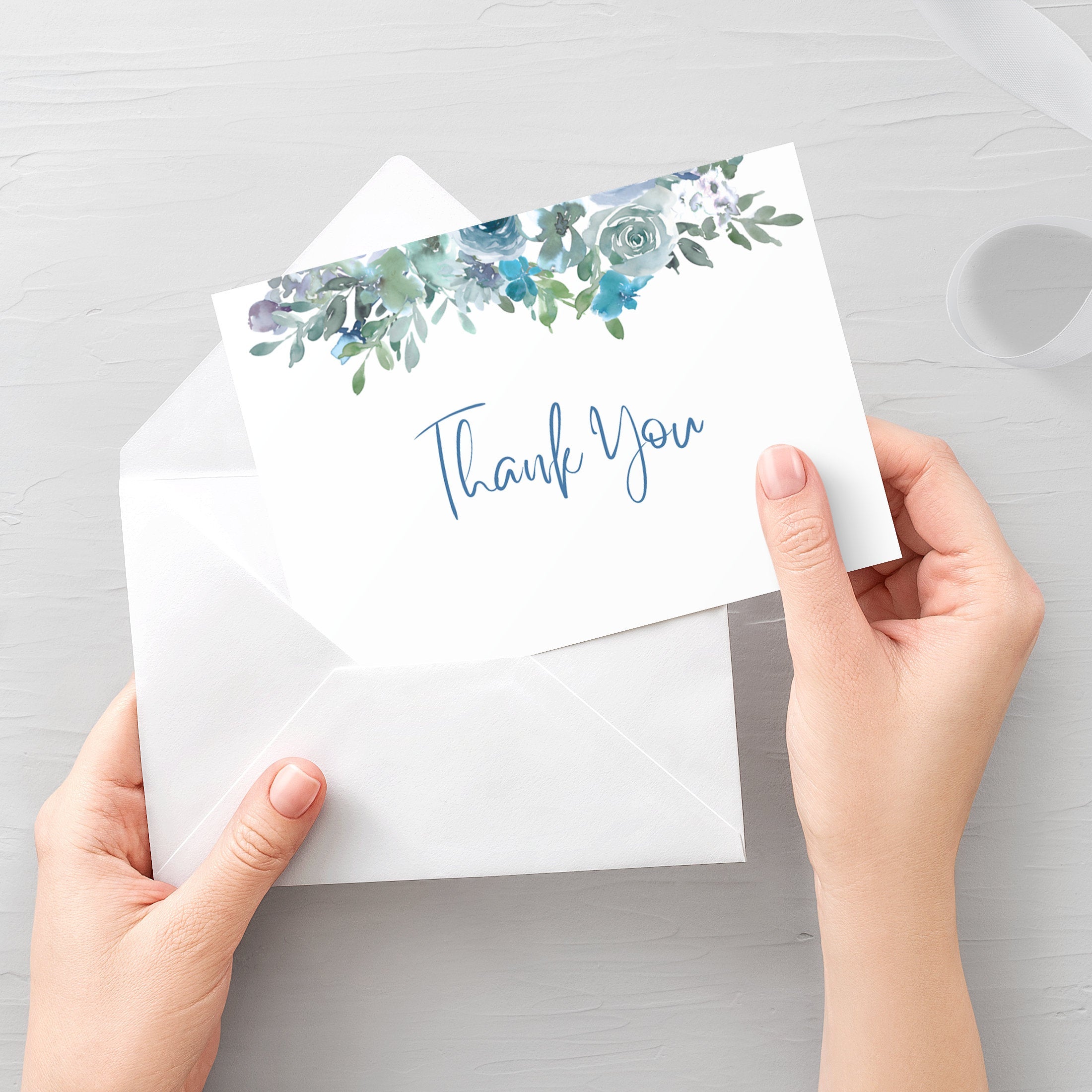 Blue Floral Thank You Card Printable, Blue Floral Wedding Thank You Note, Folded and Flat 5X3.5, Editable Template DIGITAL DOWNLOAD - BF100