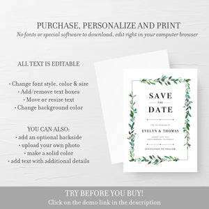 Greenery Save The Date Card Template, Printable Save The Date Greenery, Editable Save The Date Template, DIY Wedding Stationary, 5x7 G100