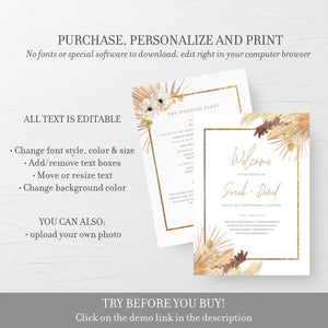 Pampas Grass Wedding Ceremony Program Template, Wedding Program Desert Boho, Beach Boho Program, 5x7 Editable DIGITAL DOWNLOAD - DP100