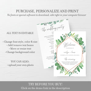 Rose Gold Greenery Wedding Ceremony Program Template, Wedding Programs Greenery, Editable Wedding Program, 5x7 DIGITAL DOWNLOAD - GFRG100