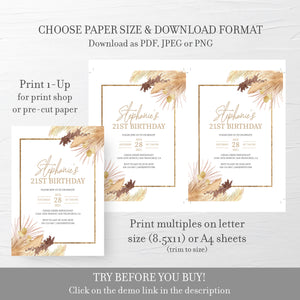 Pampas 21st Birthday Invitation, Printable 21st Birthday Party Invitation, Dried Grass Bohemian 21st Birthday Invite, INSTANT DOWNLOAD DP100