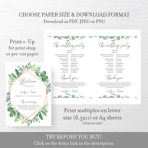 Rose Gold Greenery Wedding Ceremony Program Template, Wedding Programs Greenery, Editable Wedding Program, 5x7 DIGITAL DOWNLOAD - GFRG100