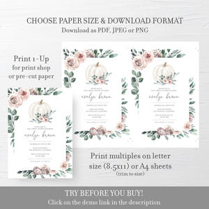 Fall Bridal Shower Invitation Template, Boho Rose Floral Pumpkin, Fall In Love Bridal Shower Invite Printable, INSTANT DOWNLOAD BR100