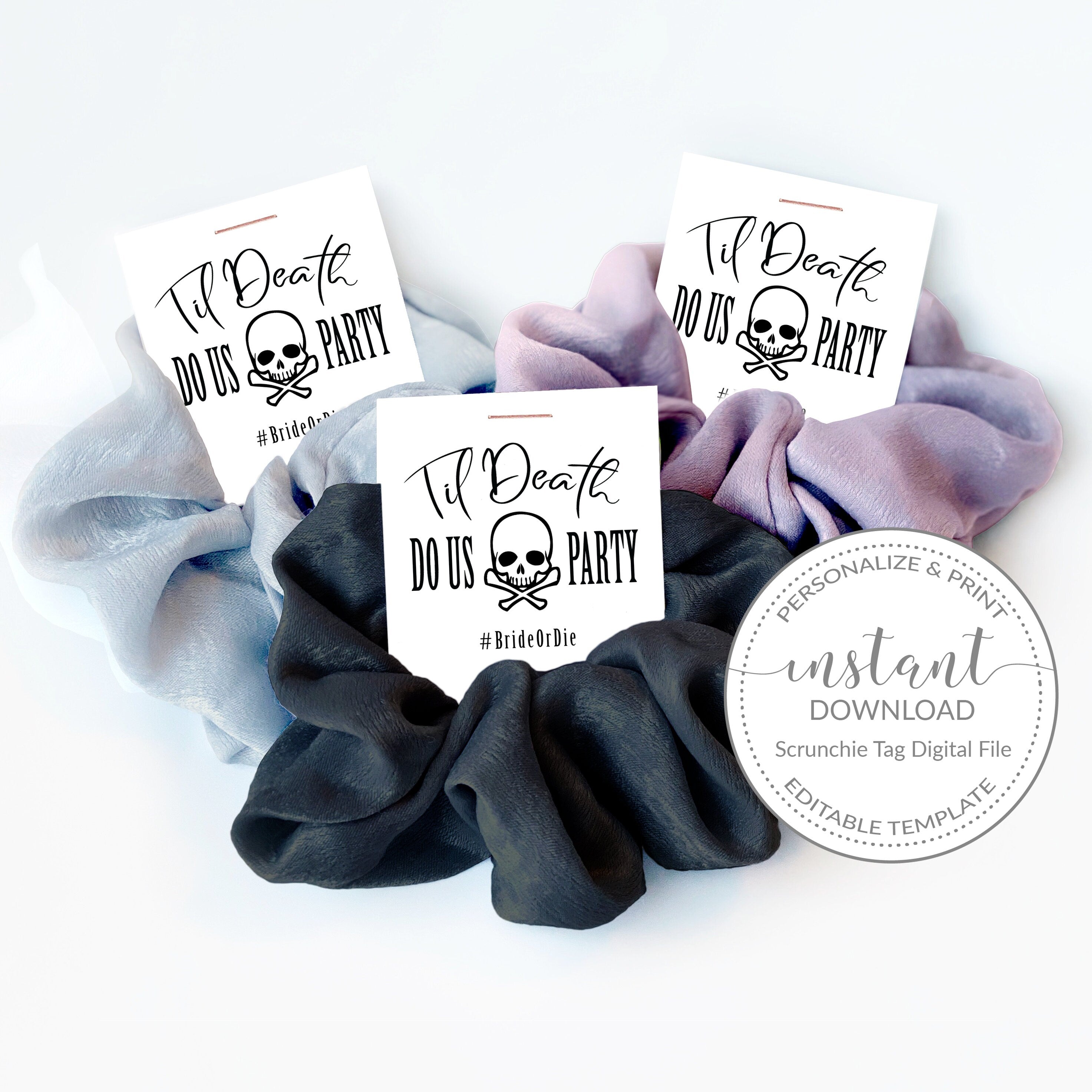 Printable Tag for Hair Scrunchies, Halloween Bachelorette Party Favor Scrunchie Card, Til Death Do Us Party Bridal Shower, INSTANT DOWNLOAD