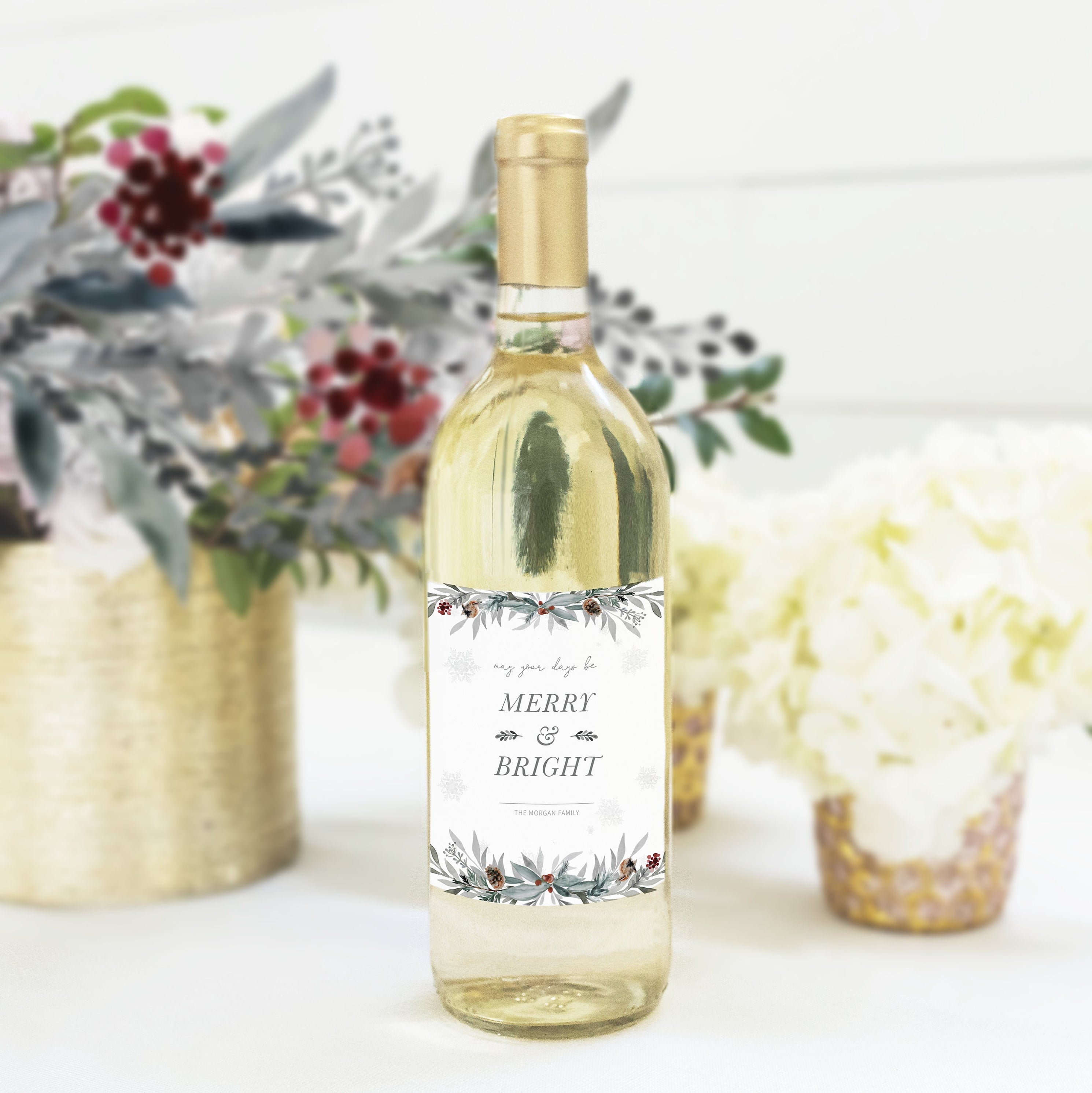 Winter Woodland Wine Bottle Labels Template, Printable Christmas Party 